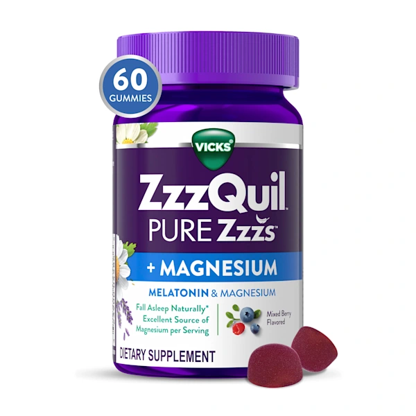 Vicks ZzzQuil Pure Zzzs bottle containing 60 melatonin and magnesium gummies in mixed berry flavor, with two gummies shown.