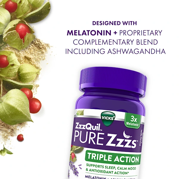 Purple bottle of ZzzQuil PURE Zzzs Triple Action Melatonin Gummies with fresh ashwagandha berries and text "Designed with melatonin + proprietary complementary blend including ashwagandha".