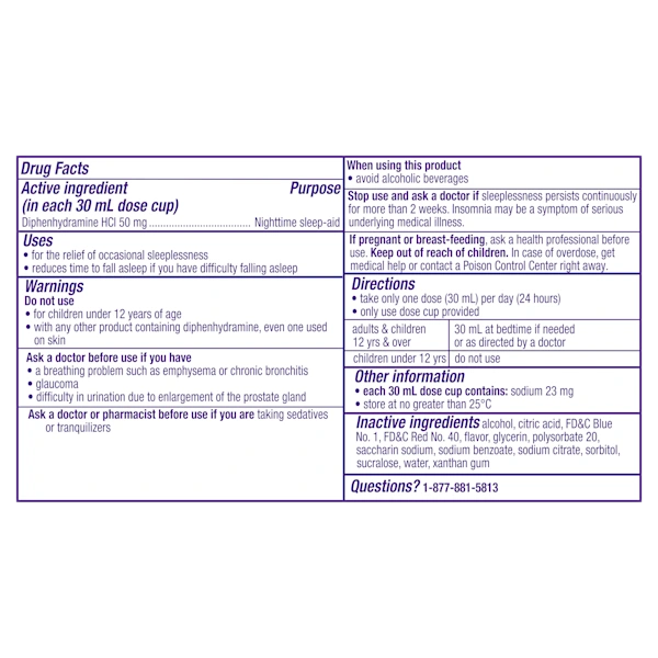 Drug facts of ZzzQuil Nighttime Sleep-Aid Warming Berry Liquid.