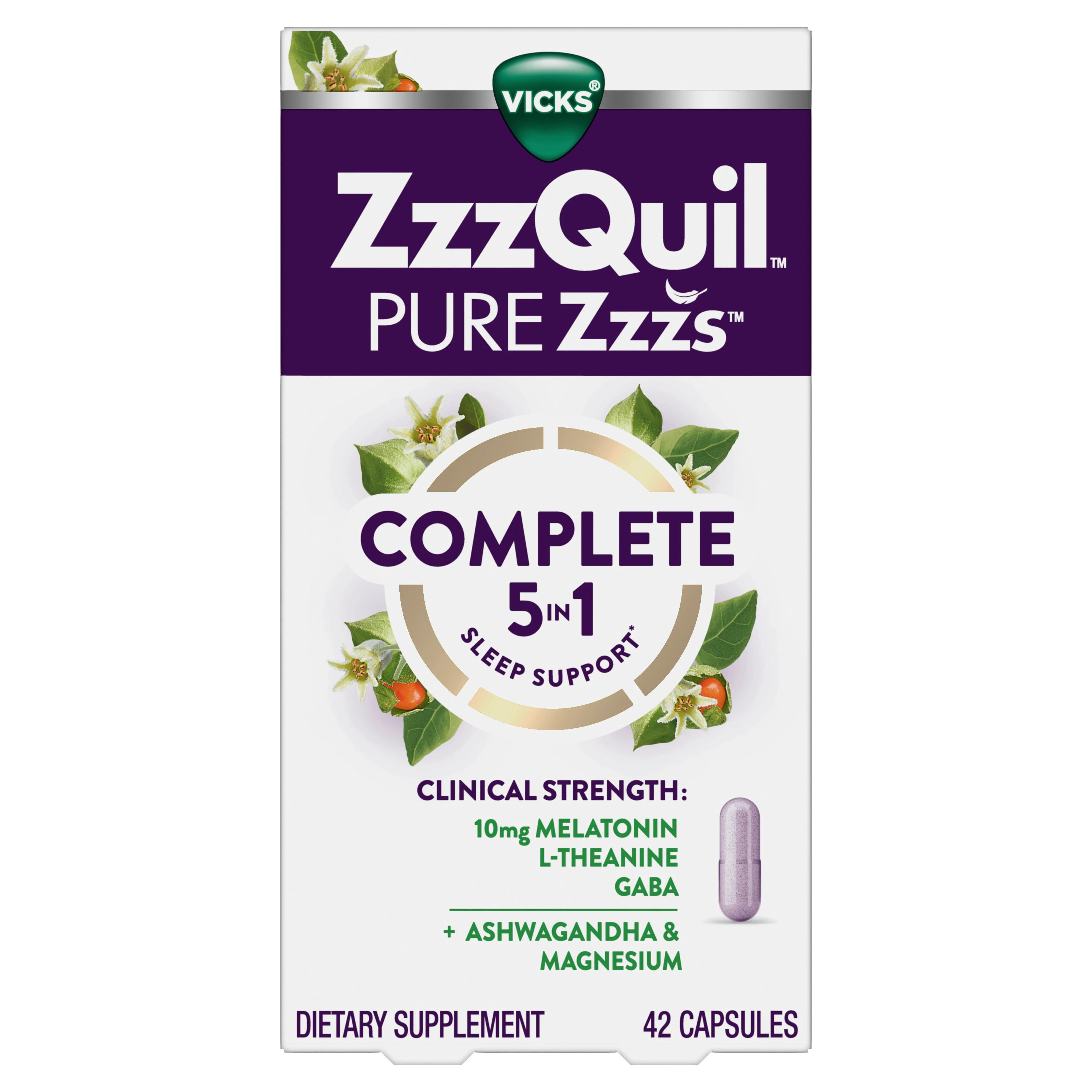Vicks ZzzQuil Pure Zzzs Complete 5-in-1 sleep supplement with melatonin, L-theanine, and GABA, 42 capsules.