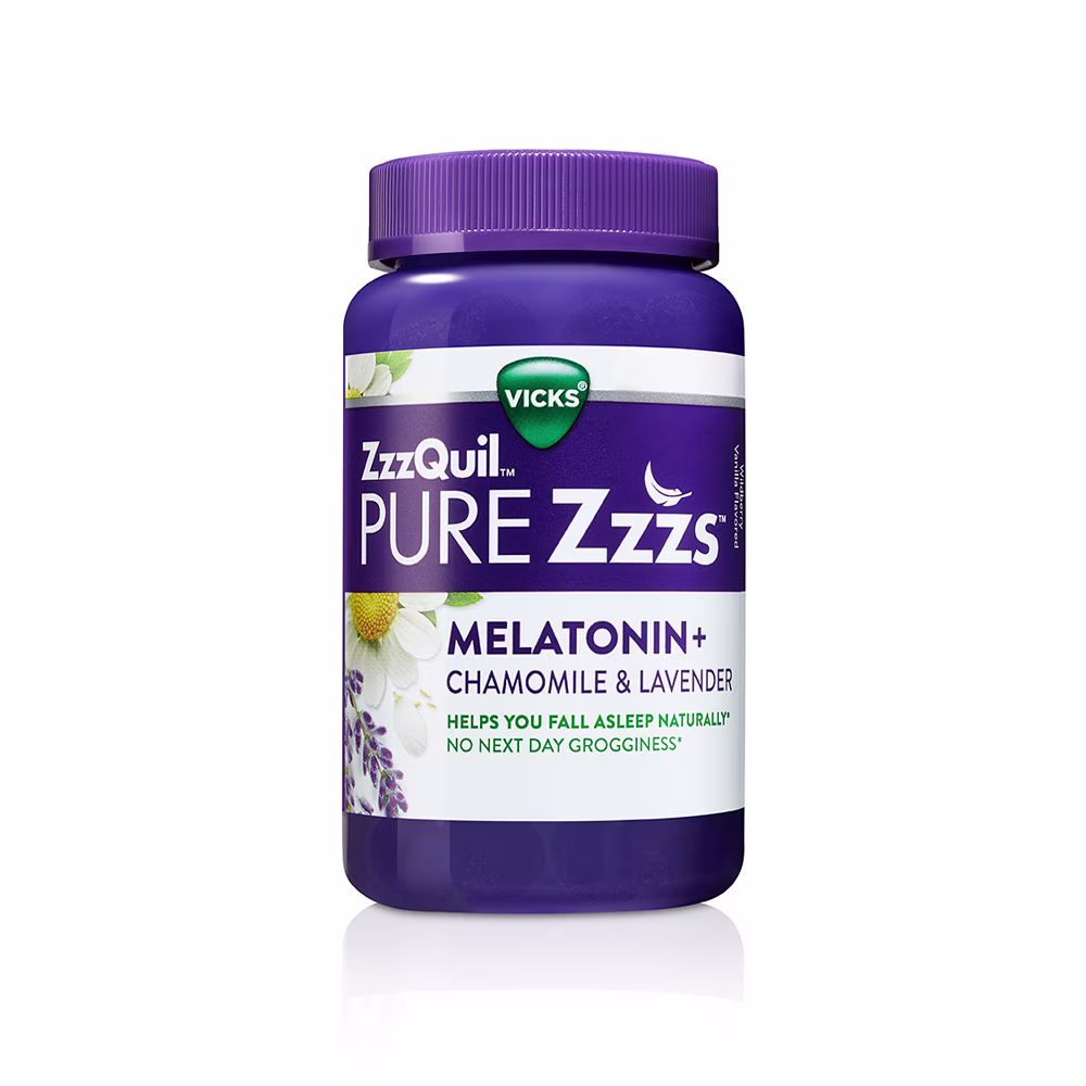 Purple bottle of ZzzQuil PURE Zzzs Melatonin Sleep Aid Gummies.