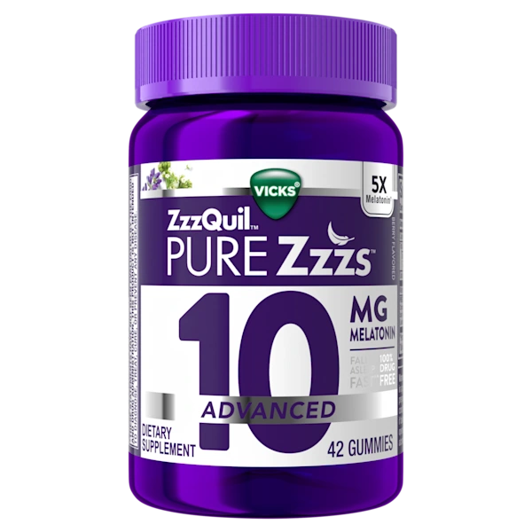 Purple bottle of ZzzQuil PURE Zzzs Advanced 10mg Melatonin Gummies.