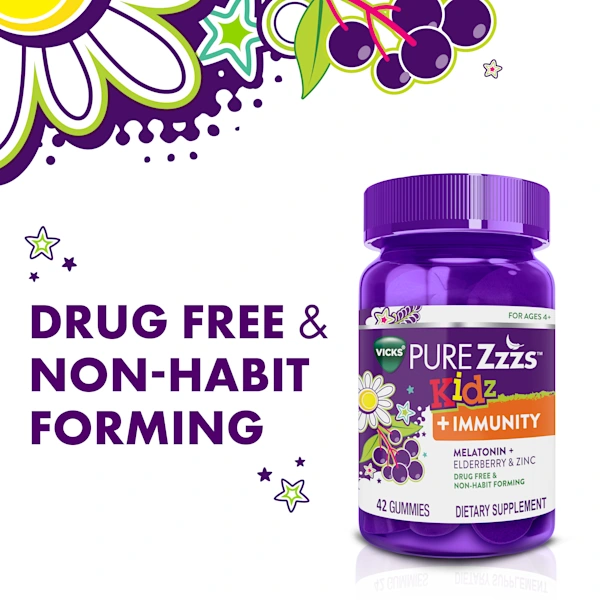 Text "Designed with Melatonin + Elderberry and Zinc" with colorful floral, star and berry illustrations on white background.