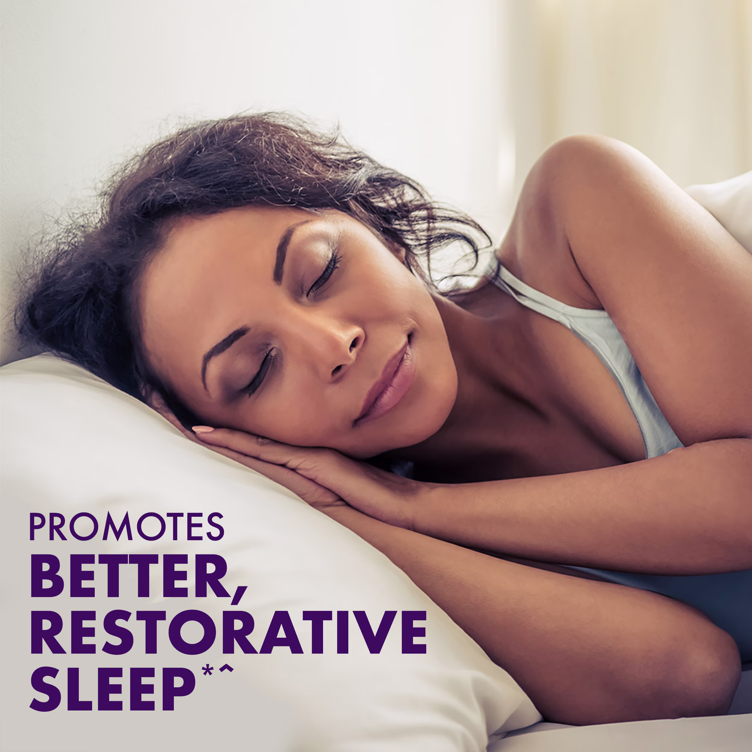 Person resting on a white pillow and bedding with text "Promotes better, restorative sleep".