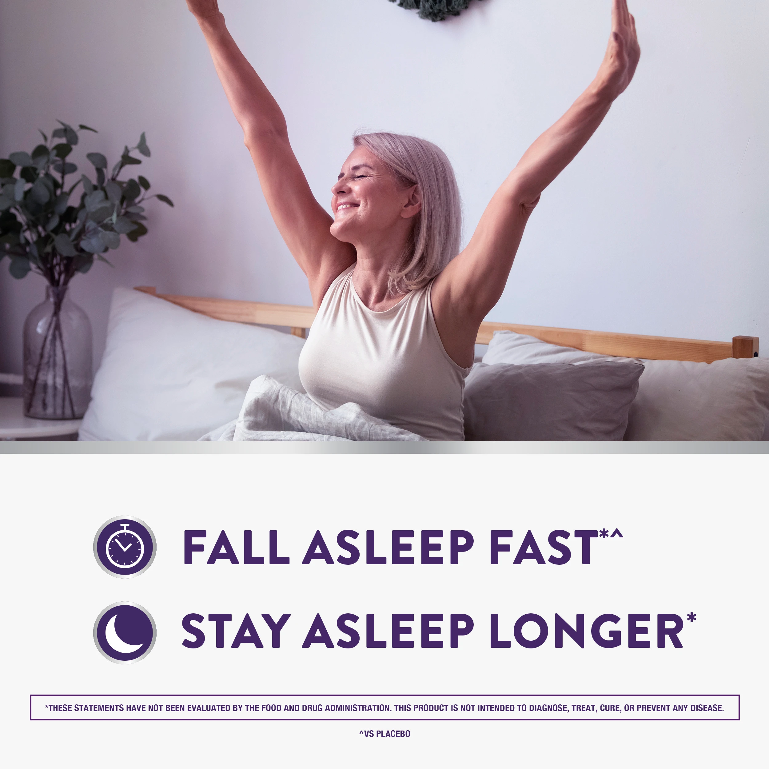 Woman stretching joyfully in bed with text promoting sleep benefits: "Fall Asleep Fast" and "Stay Asleep Longer"