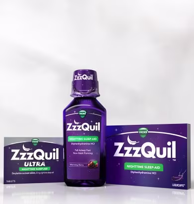 ZzzQuil nighttime sleep aid range displayed on a clean white background, including ZzzQuil Ultra tablets, Warming Berry Liquid and Liquicaps.