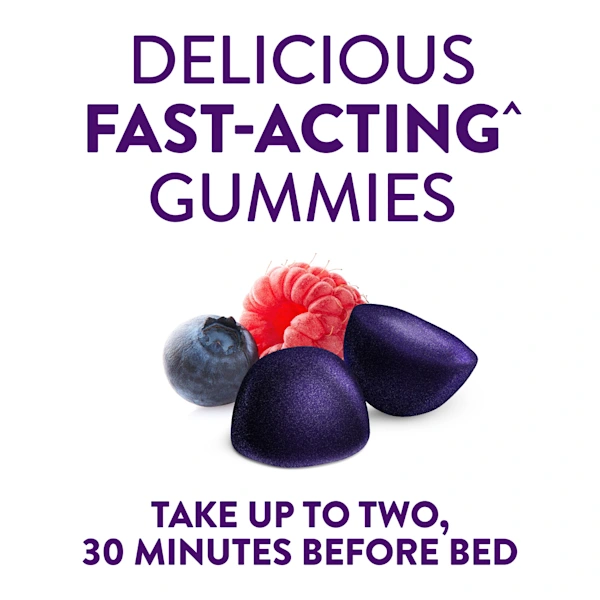 Two purple gummies alongside fresh raspberry and blueberry and text "Delicious Fast-Acting Gummies" and instructions "Take up to two gummies 30 minutes before bed" on white background.