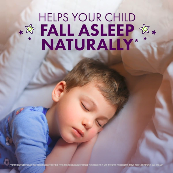 Child lying in white bed with text "Helps your child fall asleep naturally".