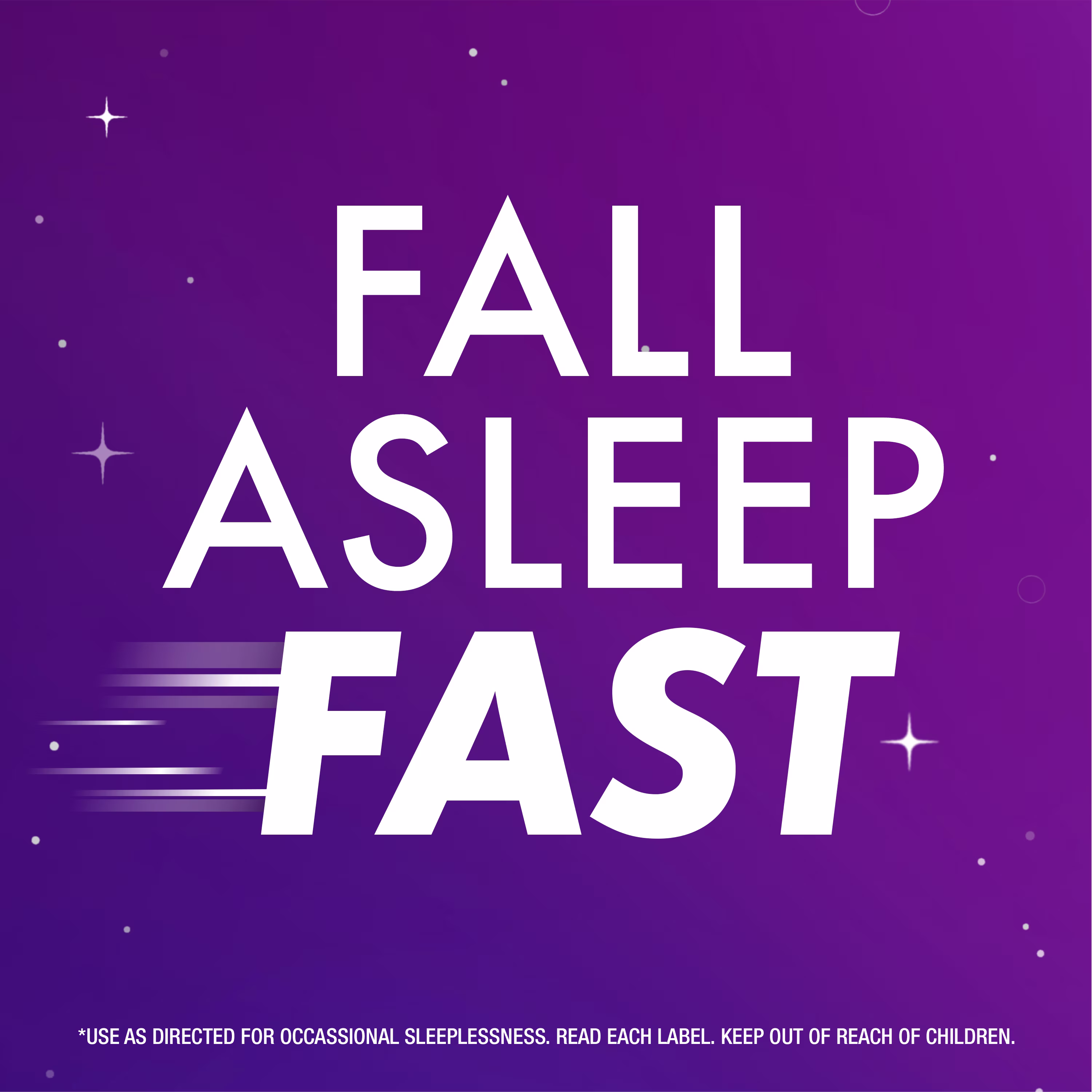 Text "Fall Asleep Fast" on a gradient purple starry background.