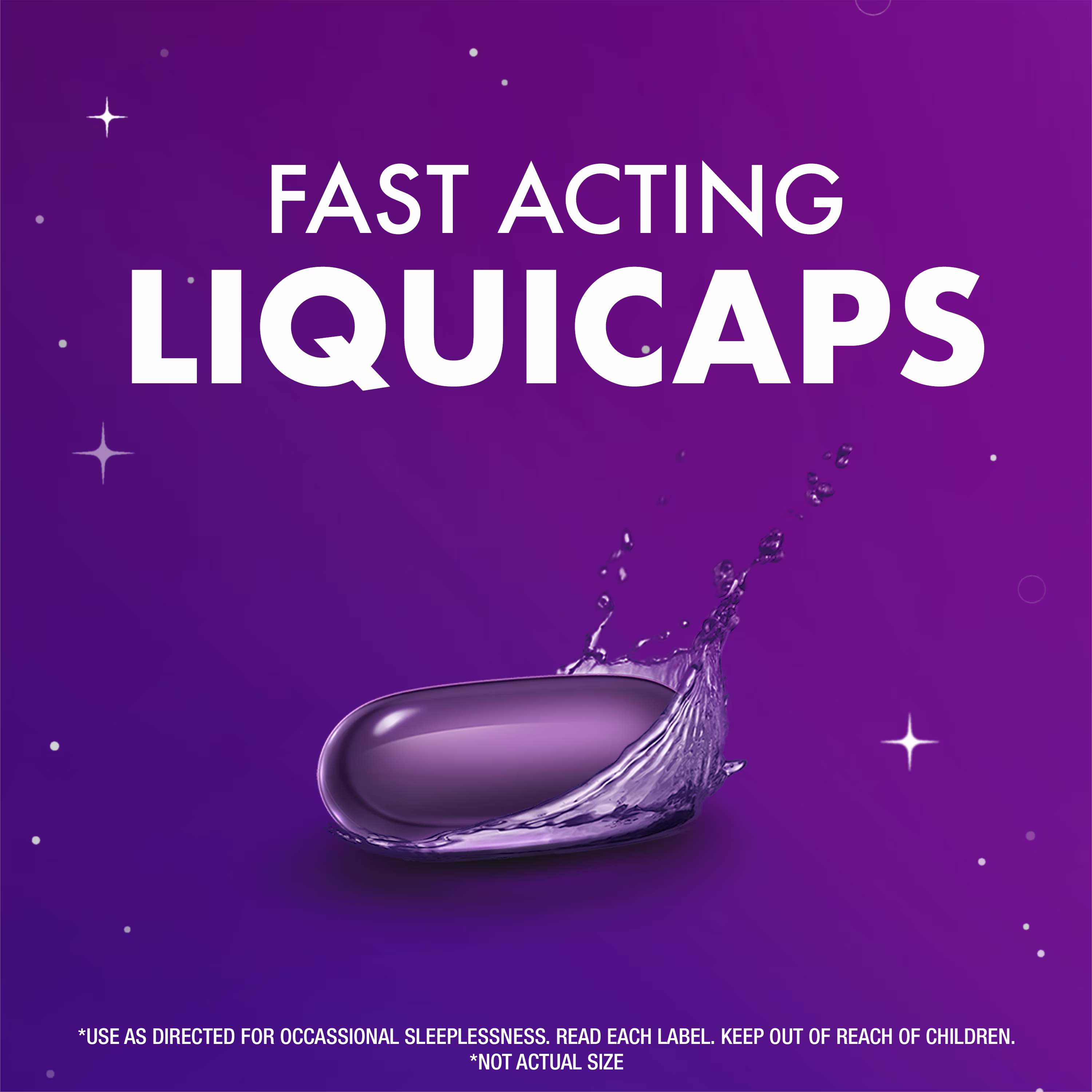 Purple ZzzQuil liquicap with water splash and text "Fast Acting Liquicaps" on a purple starry background.