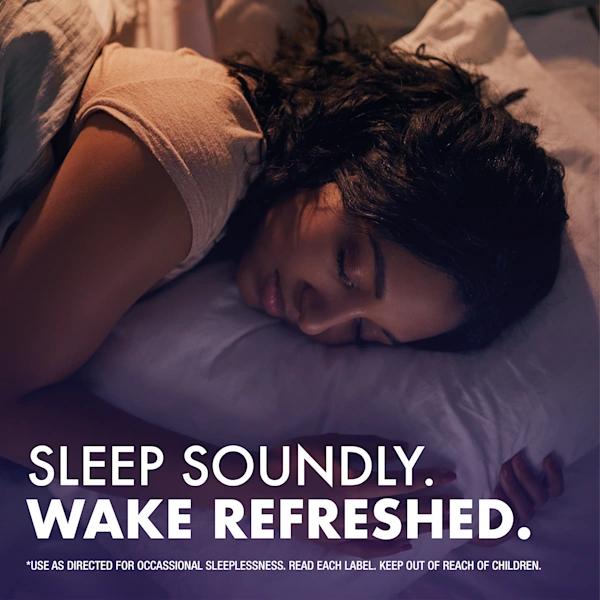 Person lying on a bed with white pillow and blanket and text "Sleep Soundly Wake Refreshed" at the bottom.