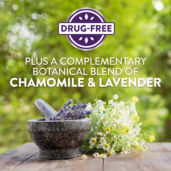 Stone mortar filled with lavender sprigs and fresh chamomile flowers on a wooden table and text "Drug-Free plus a complementary botanical blend of chamomile and lavender".