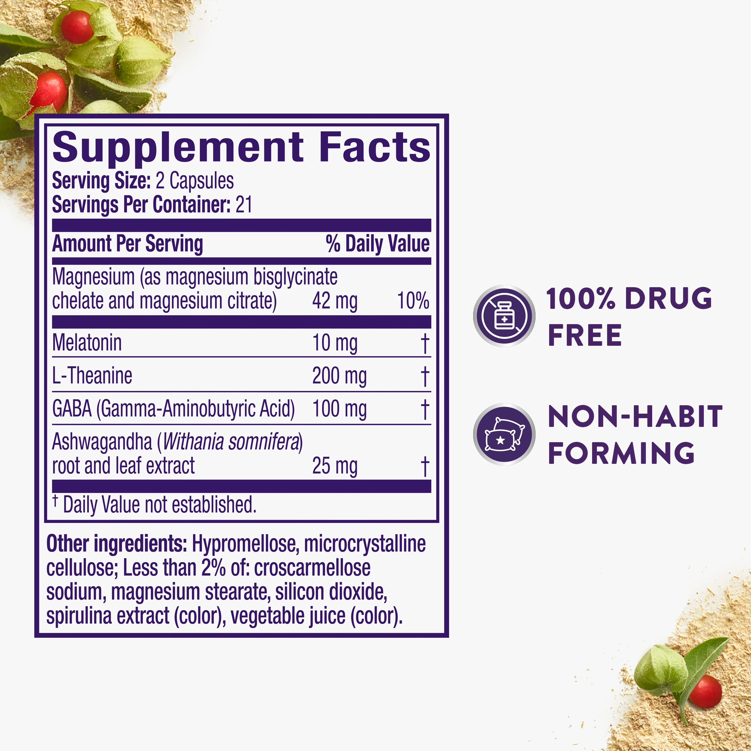 Supplement Facts label for sleep aid with melatonin, magnesium, and herbs, showing 100% drug free and non-habit forming claims.