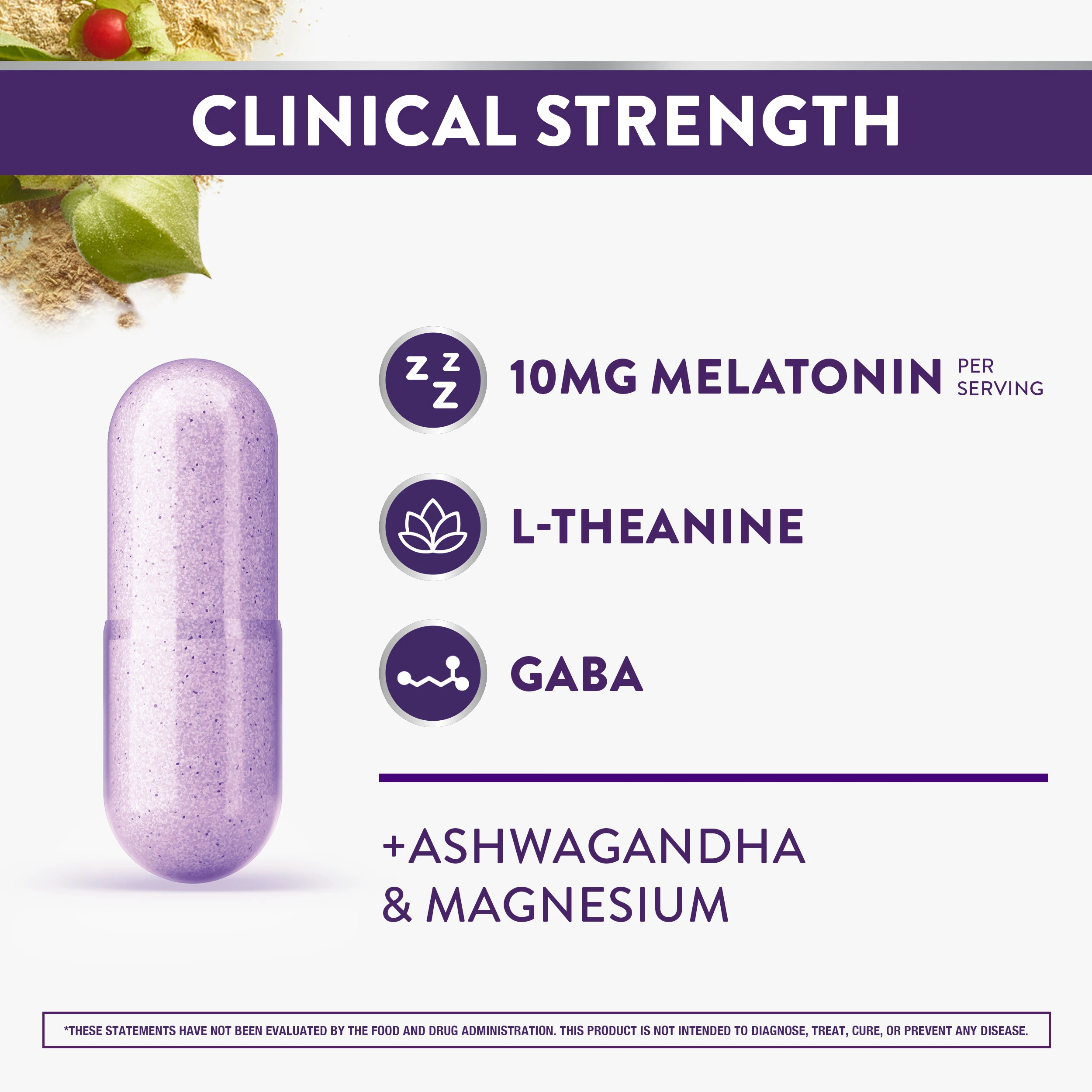 Purple sleep supplement capsule with 10mg melatonin, L-theanine, GABA, ashwagandha and magnesium ingredients.