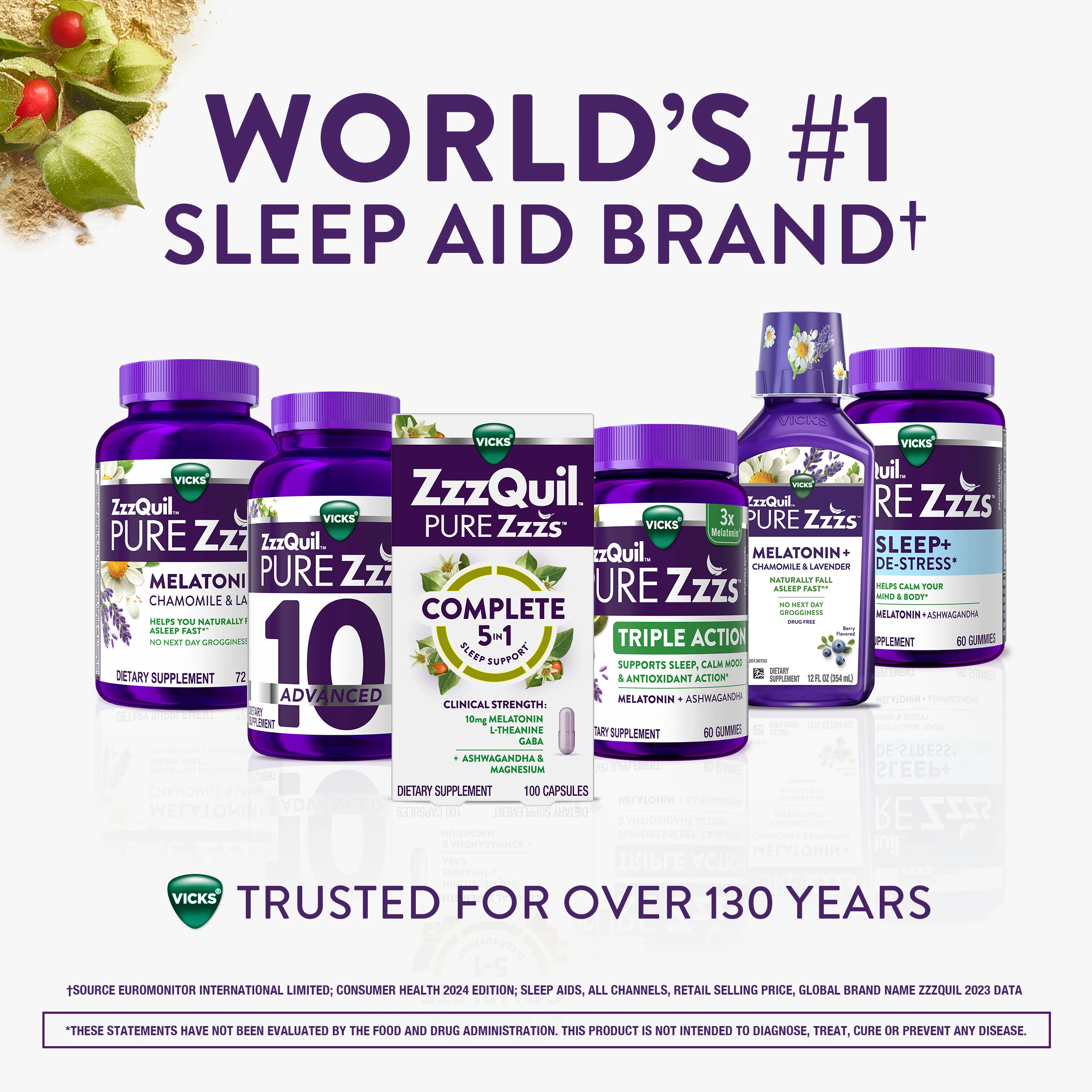 Collection of Vicks ZzzQuil sleep aid products with purple packaging, labeled "World's #1 Sleep Aid Brand"