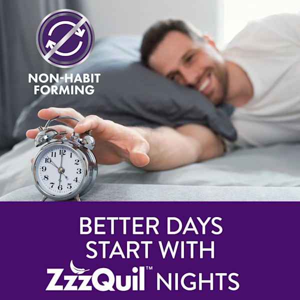 Person reaching for an alarm clock on a bed with text "Better days start with ZzzQuil nights" and non-habit forming icon.