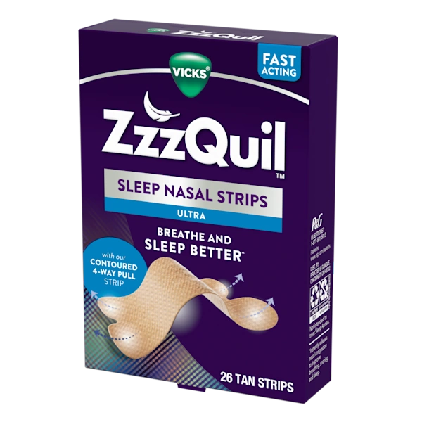Purple package of ZzzQuil Sleep Nasal Strips Ultra.