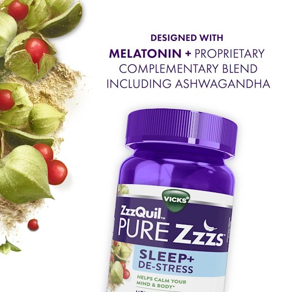 Purple bottle of ZzzQuil PURE Zzzs Sleep+ Destress Melatonin Gummies with fresh ashwagandha berries and text "Designed with melatonin + proprietary complementary blend including ashwagandha".