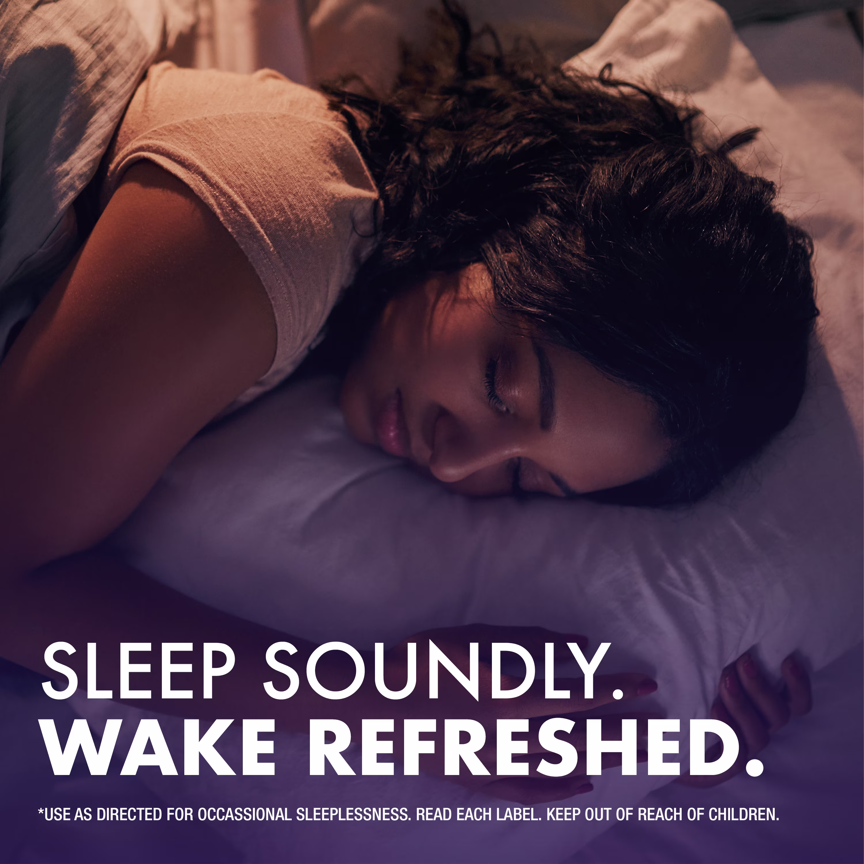 Person lying on a bed with white pillow and blanket and text "Sleep Soundly Wake Refreshed" at the bottom.
