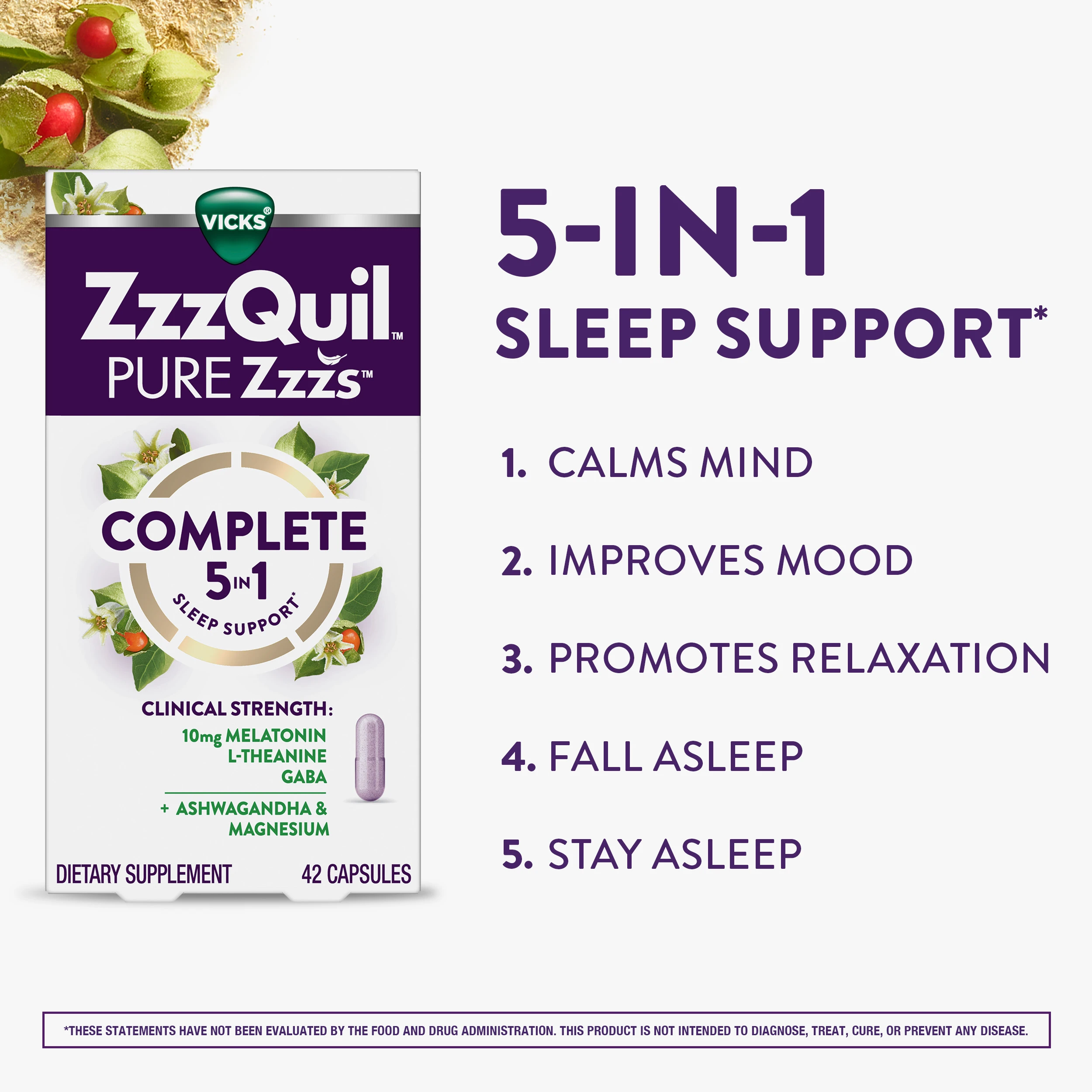 Vicks ZzzQuil Pure Zzzs 5-in-1 sleep supplement packaging showing benefits: calms mind, improves mood, promotes relaxation, and aids sleep.