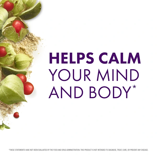 Text "Helps calm your mind and body" with ashwagandha berries on a white background.