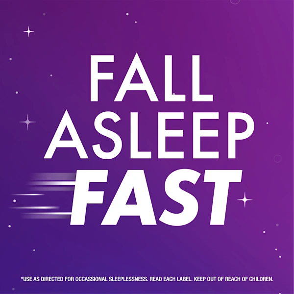 Text "Fall Asleep Fast" on a gradient purple starry background.