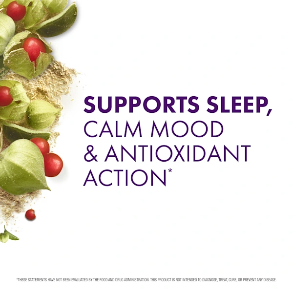Text "Supports sleep, calm mood & antioxidant action" with ashwagandha roots and berries on a white background.