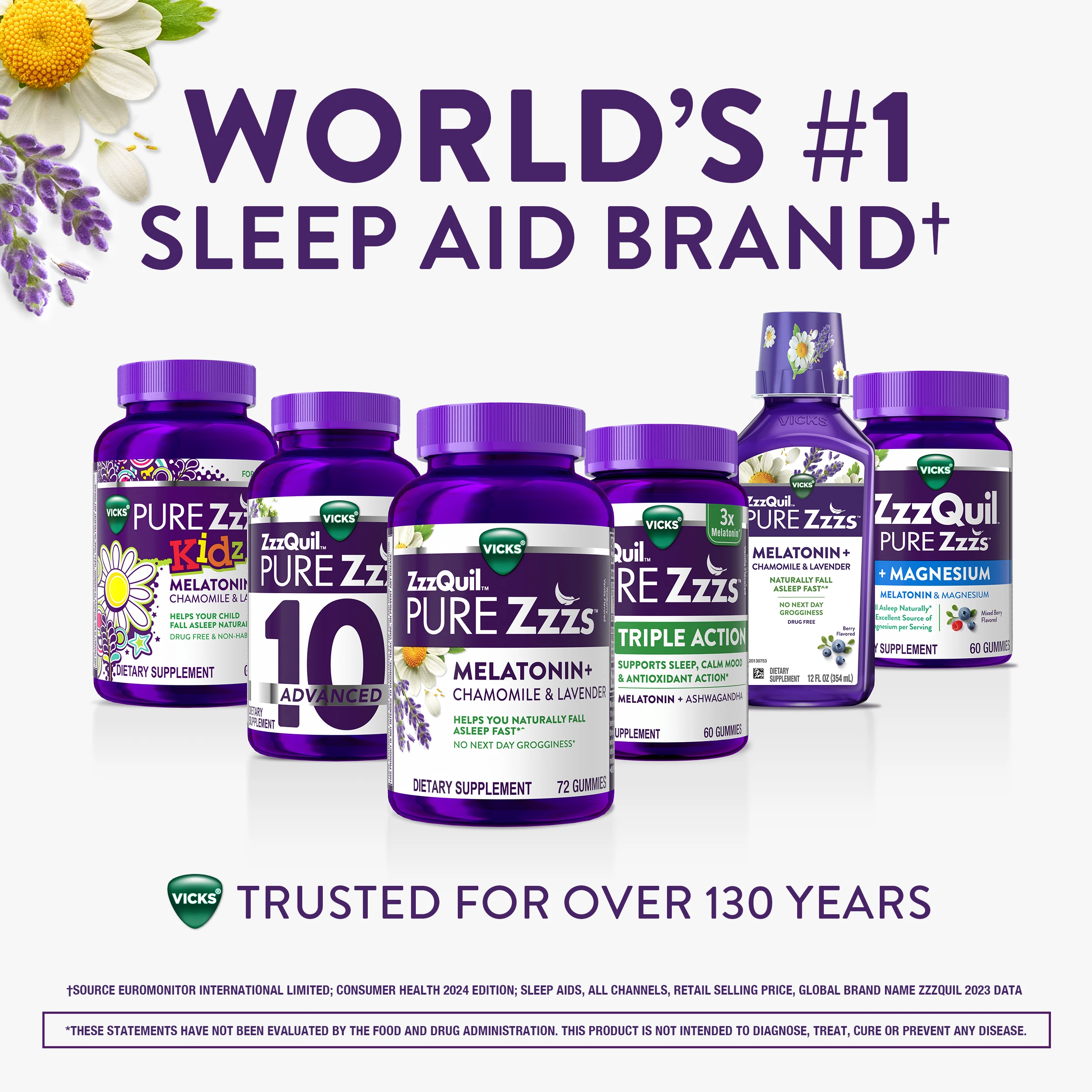 Collection of Vicks ZzzQuil sleep aid products with purple packaging, featuring melatonin supplements and the brand's #1 status claim.