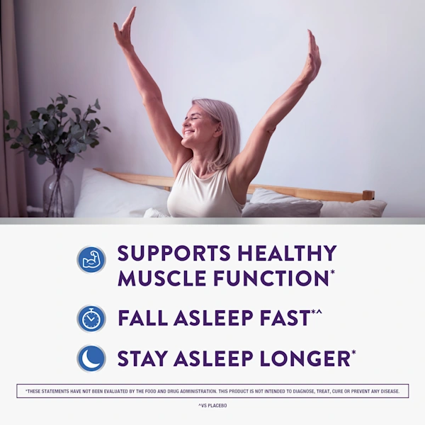 Woman stretching in bed with arms raised, with product benefits listed below: supports muscle function, fall asleep fast, stay asleep longer.