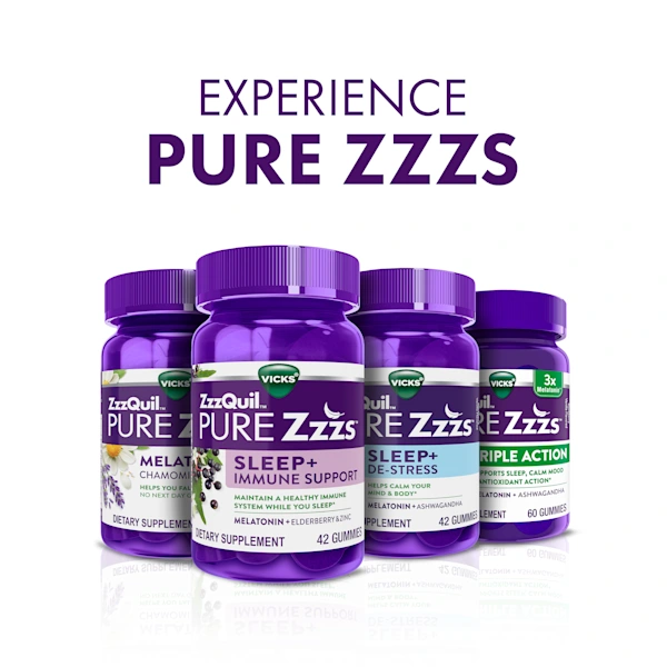 Four purple bottles of ZzzQuil Pure Zzzs supplements including Melatonin + Chamomile, Sleep + Immune Support, Sleep + De-Stress, and Triple Action, with text "Experience Pure Zzzs".