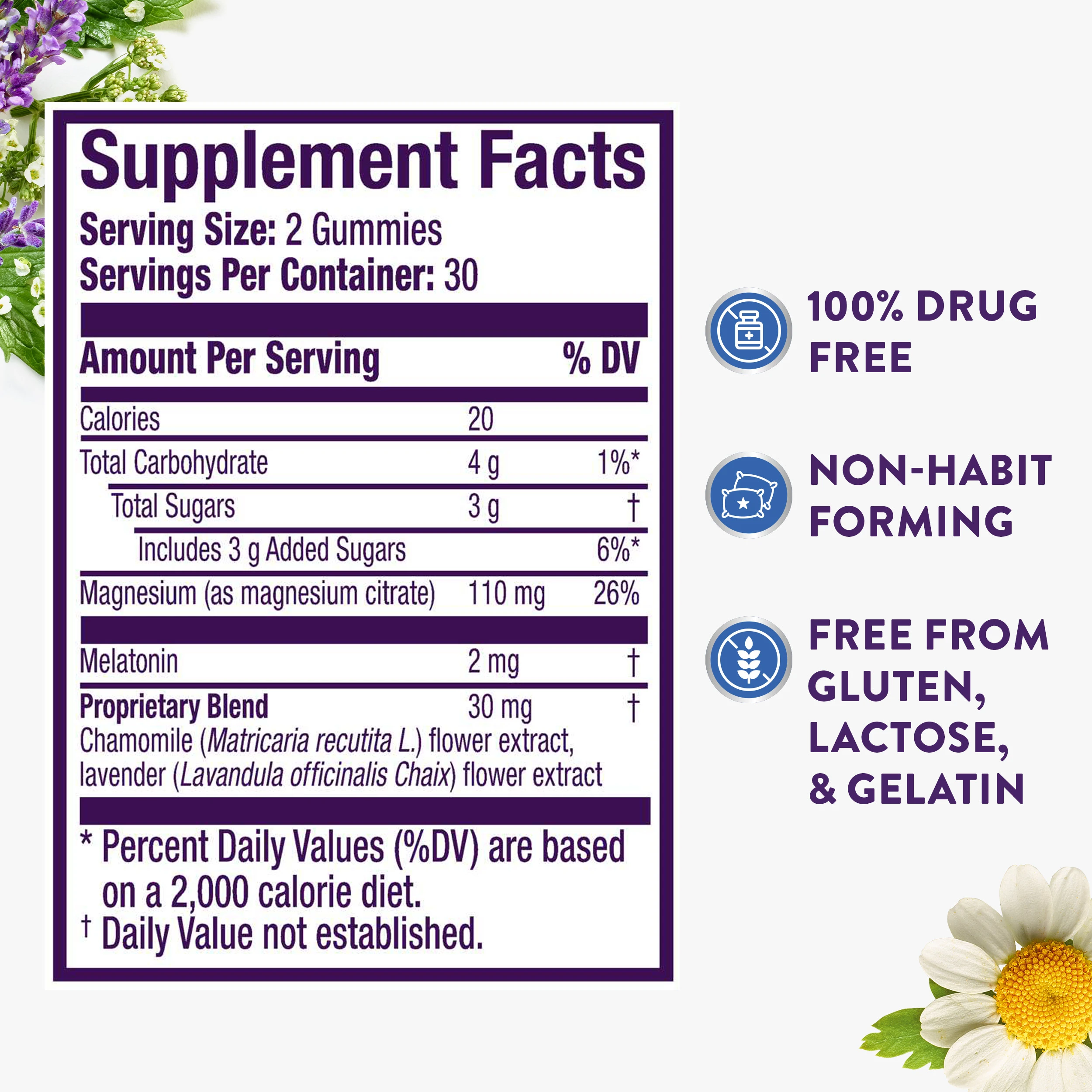 Supplement Facts label for sleep gummies with melatonin, magnesium, and herbs, highlighting drug-free and gluten-free benefits.