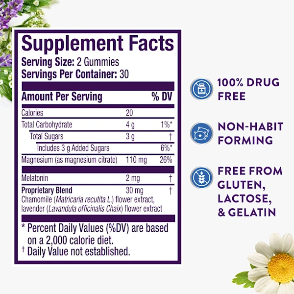 Supplement Facts label for sleep gummies with melatonin, magnesium, and herbs, highlighting drug-free and gluten-free benefits.