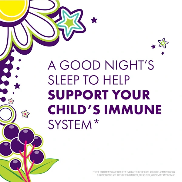Text stating "A good night's sleep to help support your child's immune system" with colorful floral, star and berry illustrations on white background.