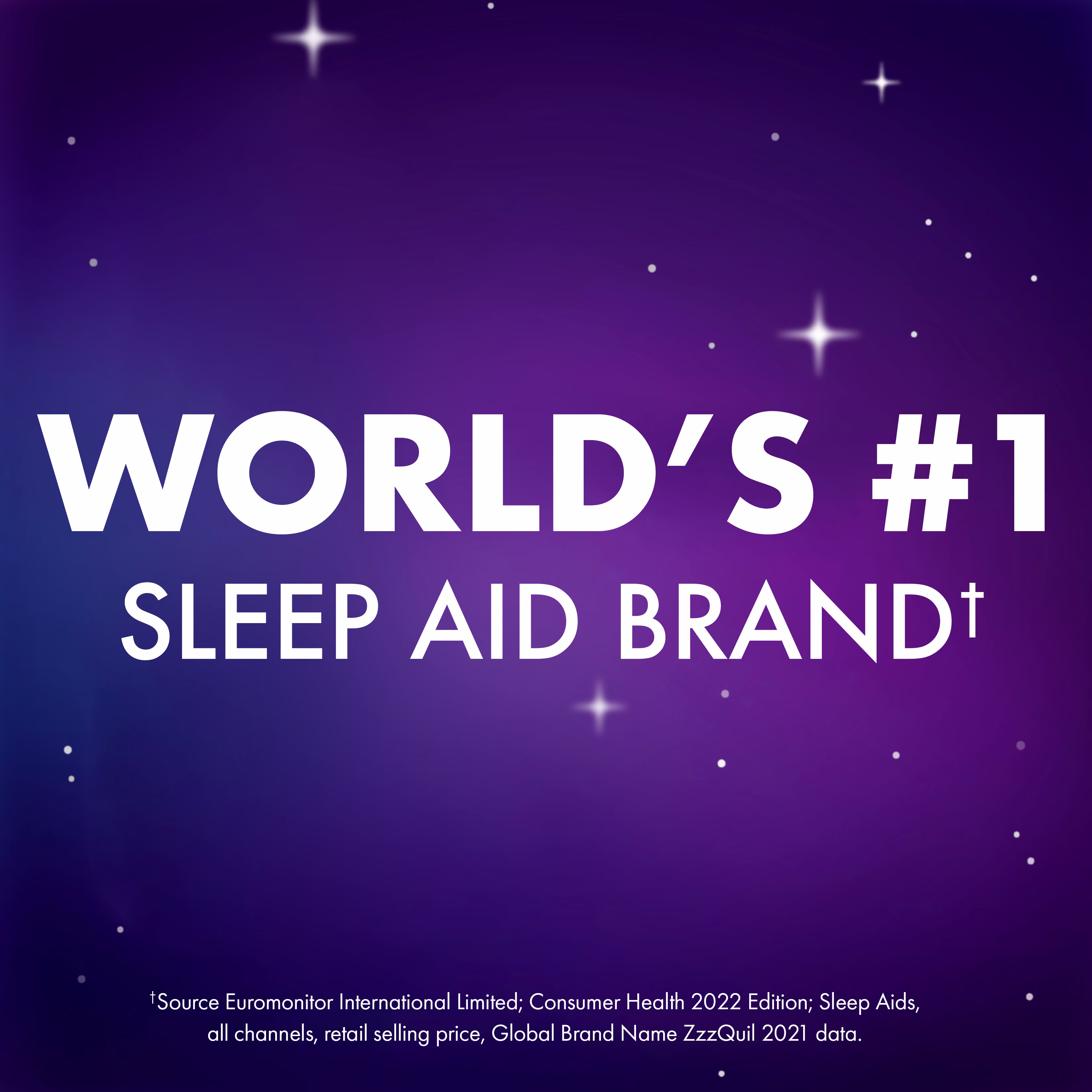 Text "World’s #1 sleep aid brand" on purple starry background.