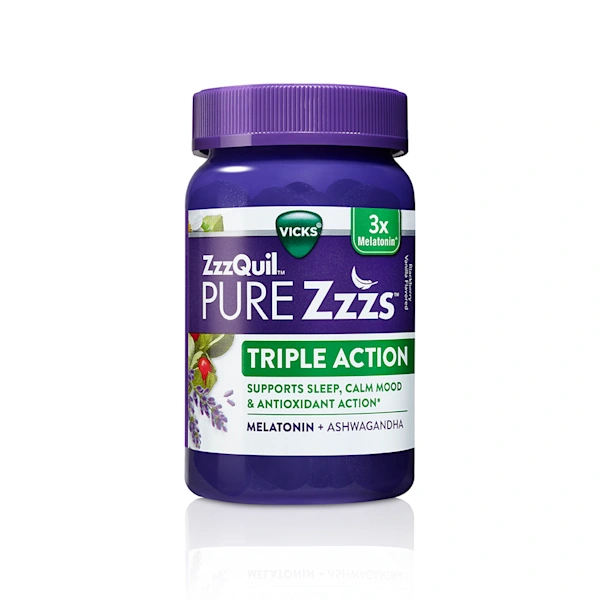 Purple bottle of ZzzQuil PURE Zzzs Triple Action Melatonin Gummies.