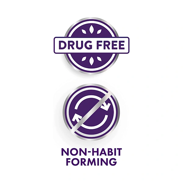 Two purple circular icons with text "Drug Free" and "Non-Habit Forming" on white background.