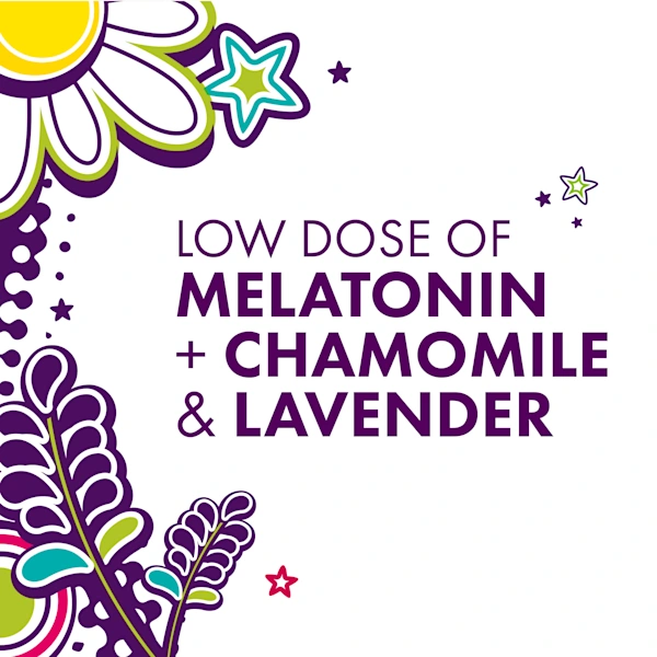 Text "Low dose of melatonin plus chamomile and lavender" with colorful floral illustrations on white background.