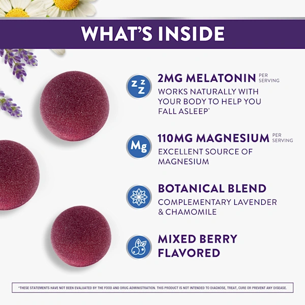 Purple sleep gummies with melatonin, magnesium, and botanical blend featuring lavender and chamomile in mixed berry flavor.