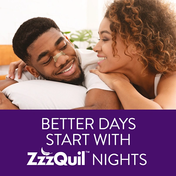 Two people relaxing on a bed, one wearing a nasal strip, with the text "Better days start with ZzzQuil nights" on a purple background.