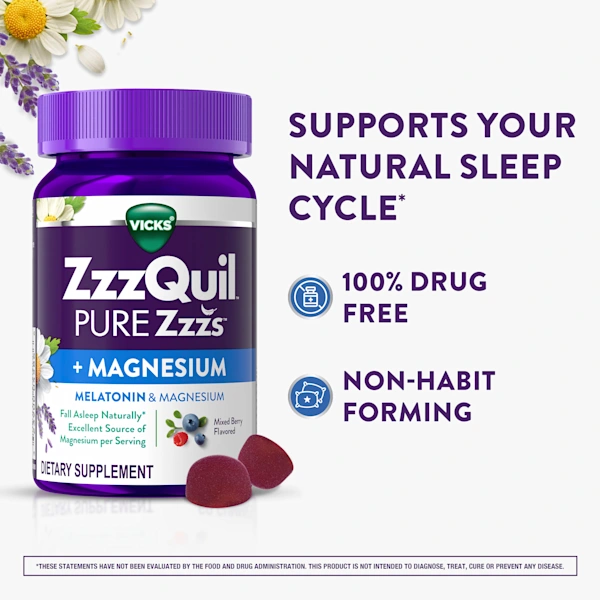 Vicks ZzzQuil Pure Zzzs + Magnesium supplement bottle with gummies, featuring 100% drug free, non-habit forming sleep support.