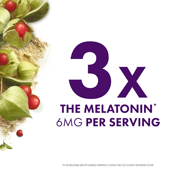 Text "3x the melatonin, 6mg per serving" with ashwagandha roots and berries on a white background.