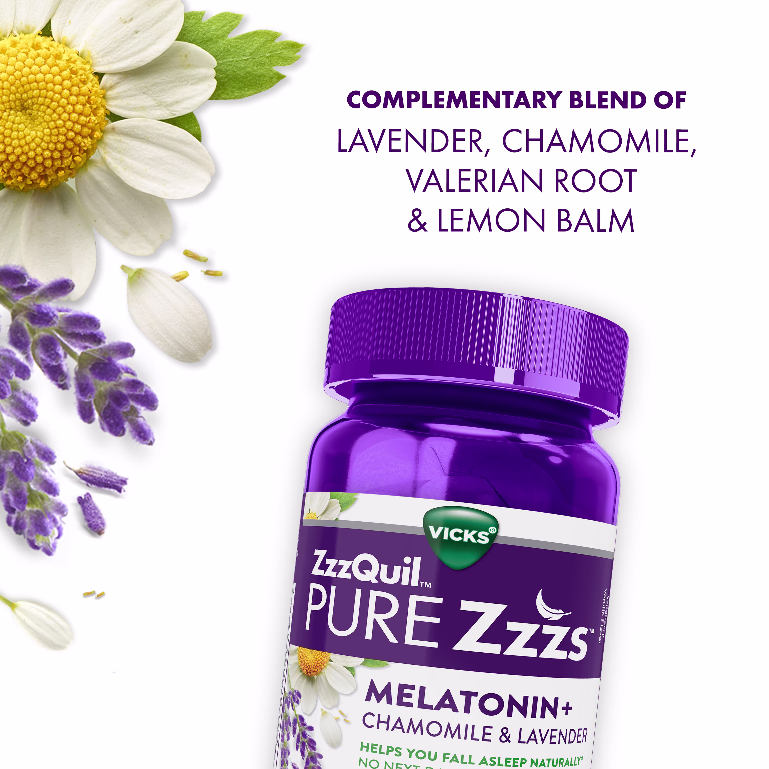 Purple bottle of ZzzQuil PURE Zzzs Melatonin Gummies with chamomile and lavender flowers and text "Complementary blend of lavender, chamomile, valerian root & lemon balm" on white background.