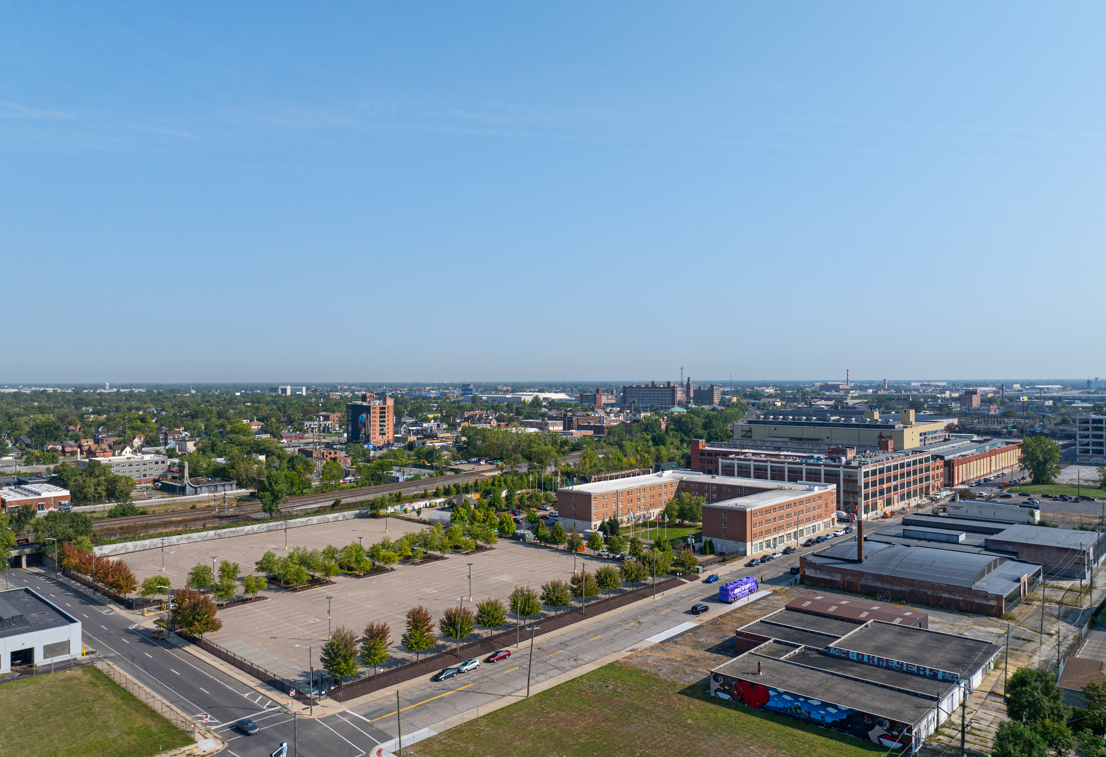 Aerial view of John R Parking Lot.