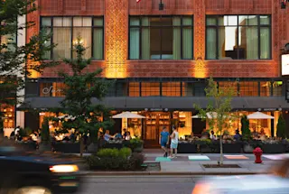 An exterior street-level photo of San Morello on the ground floor of the Shinola Hotel.