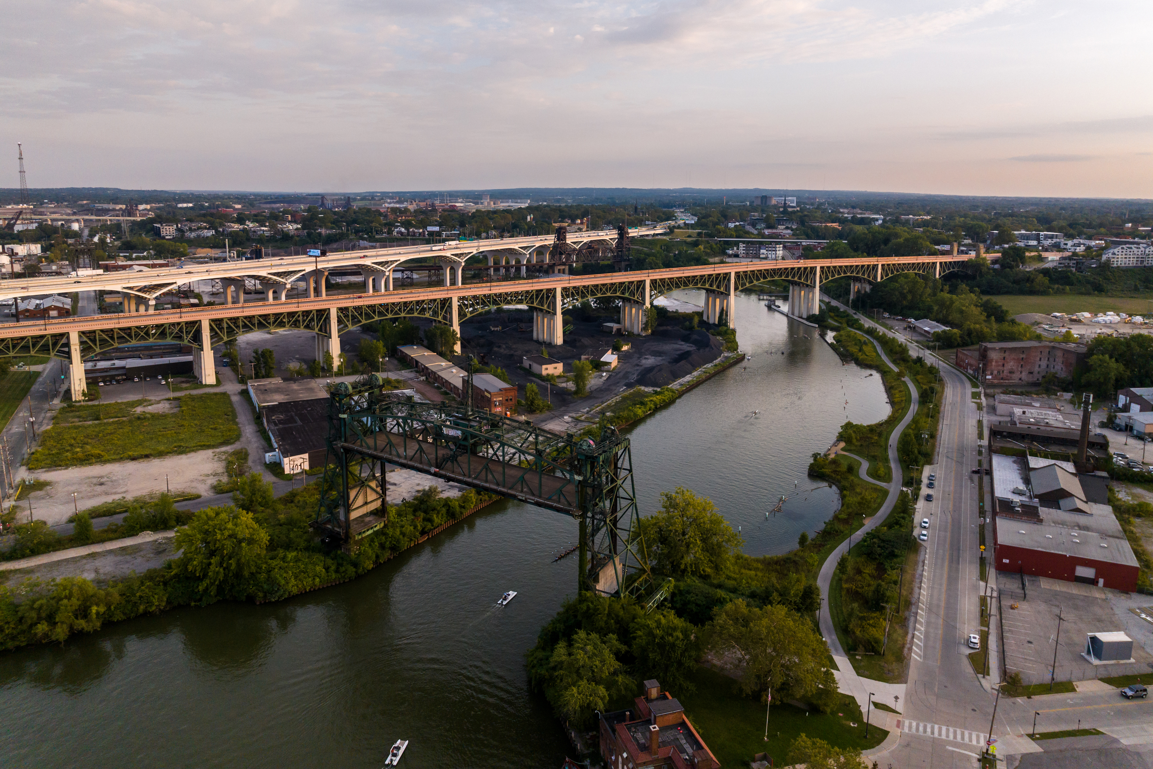 An aerial photo of the Downtown Cleveland riverfront.