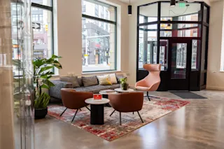 An interior photo of a luncheon set up in an office space at 1265 Griswold.