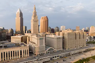 An aerial photograph of 250 W Huron at golden hour.