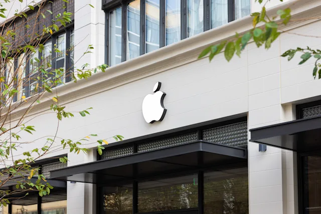 An exterior photograph of the Apple store signage in Downtown Detroit.