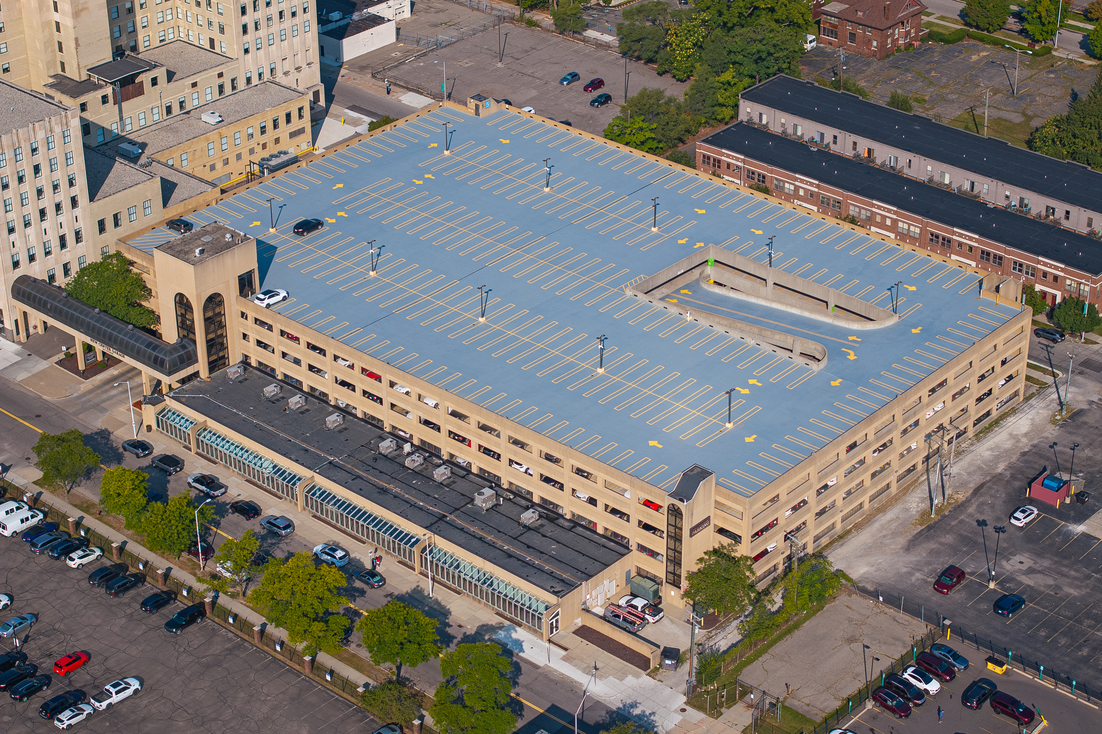 An aerial photograph of New Center Garage.