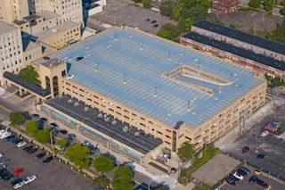 An aerial photograph of New Center Garage.